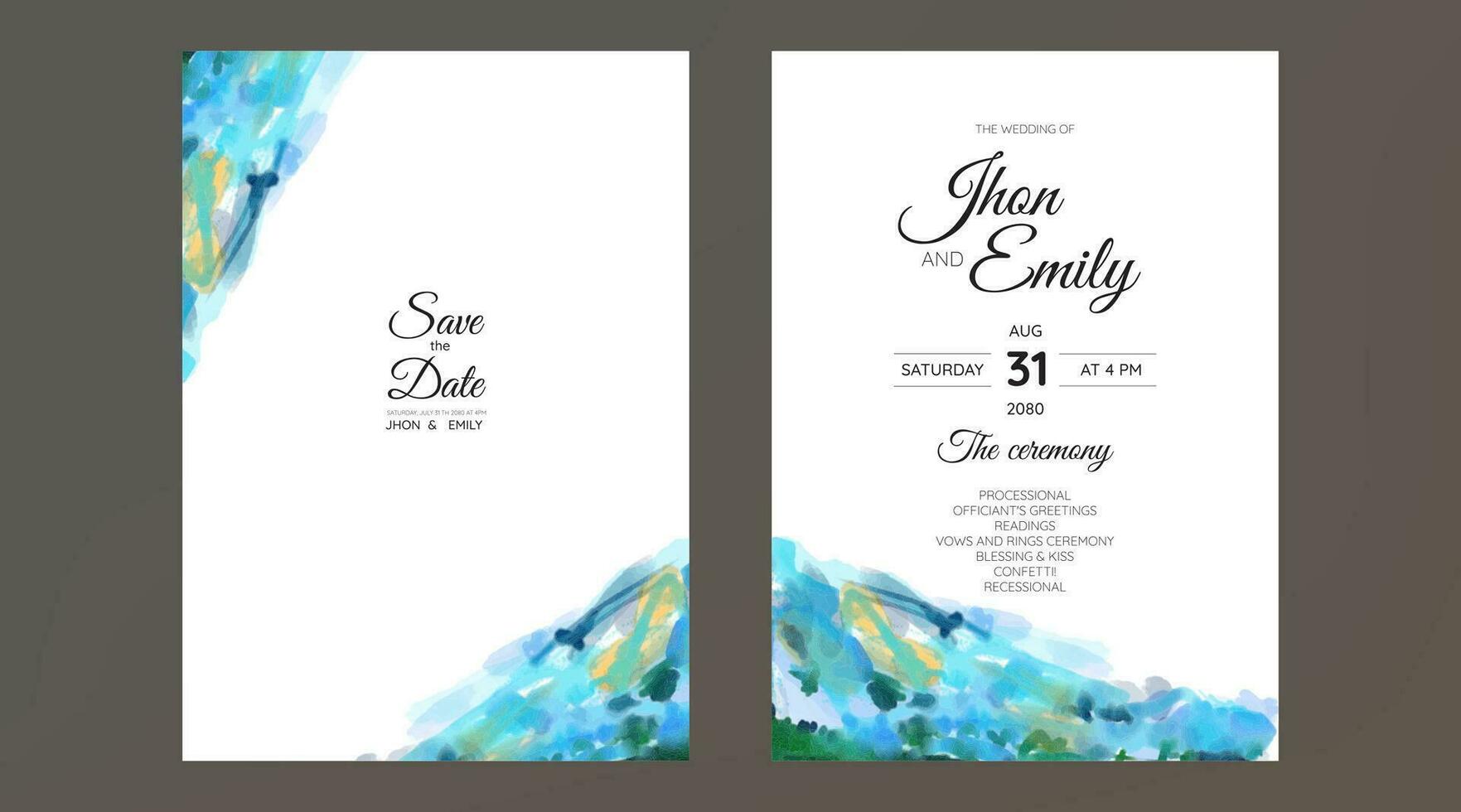 conjunto de Boda invitación, acuarela texturas y falso oro salpicaduras para un lujoso toque vector