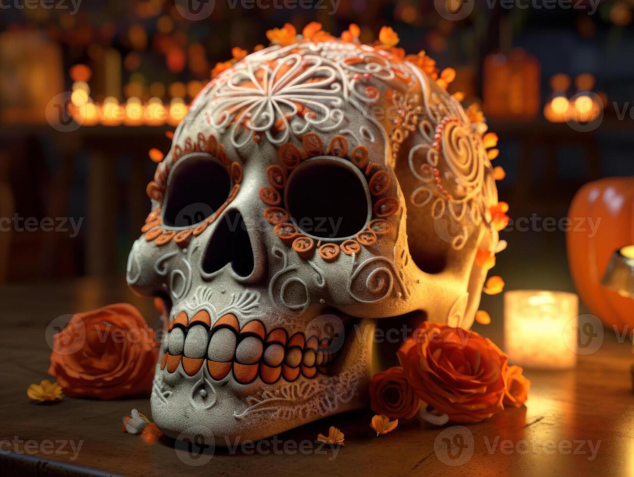 día de el muerto azúcar cráneo maquillaje con flores y velas en oscuro antecedentes creado con generativo ai tecnología foto