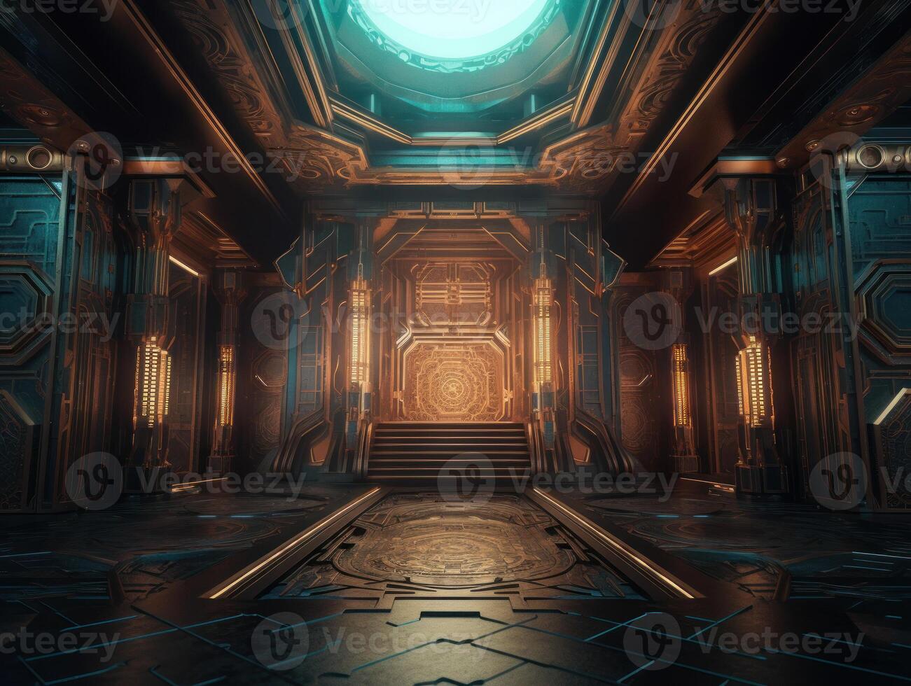 Abstract Futuristic scene with glowing neon lights and chaotic geometric shapes Created with technology. photo