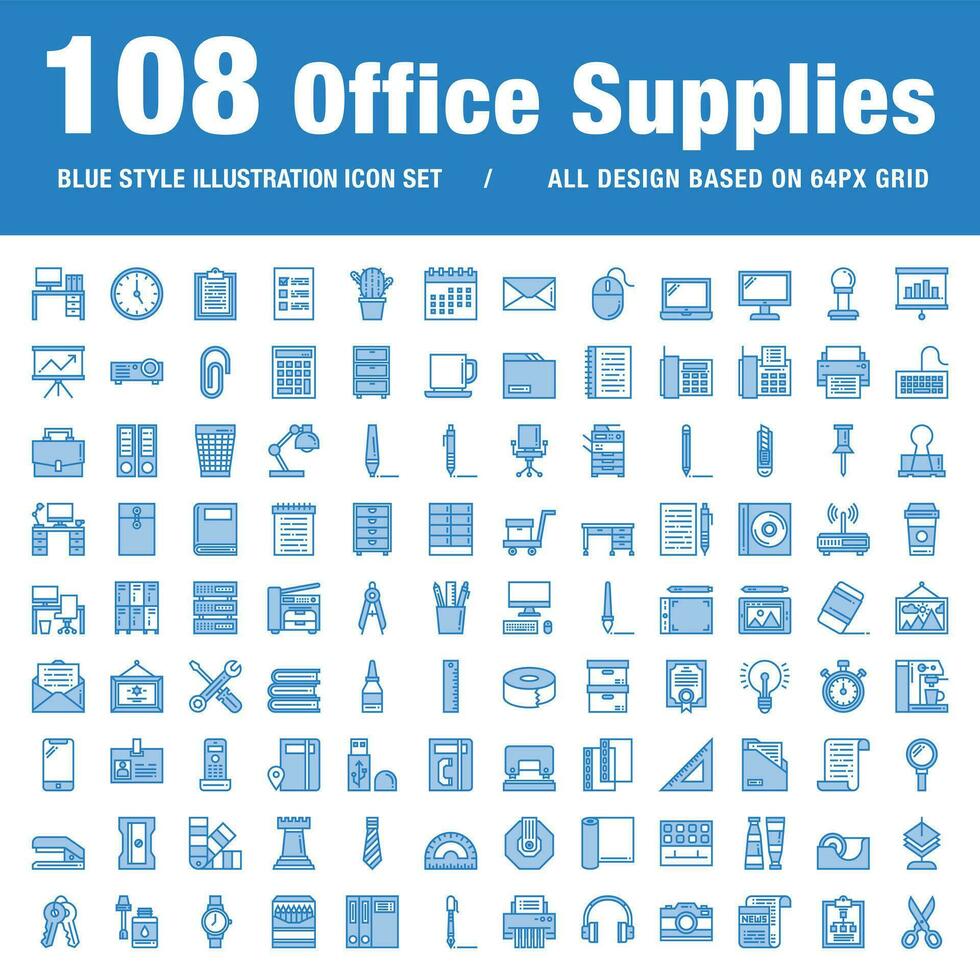 office supplies set of blue style icons for web and applications vector