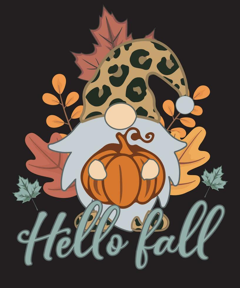 Hola otoño gnomo con calabaza otoño camiseta diseño vector