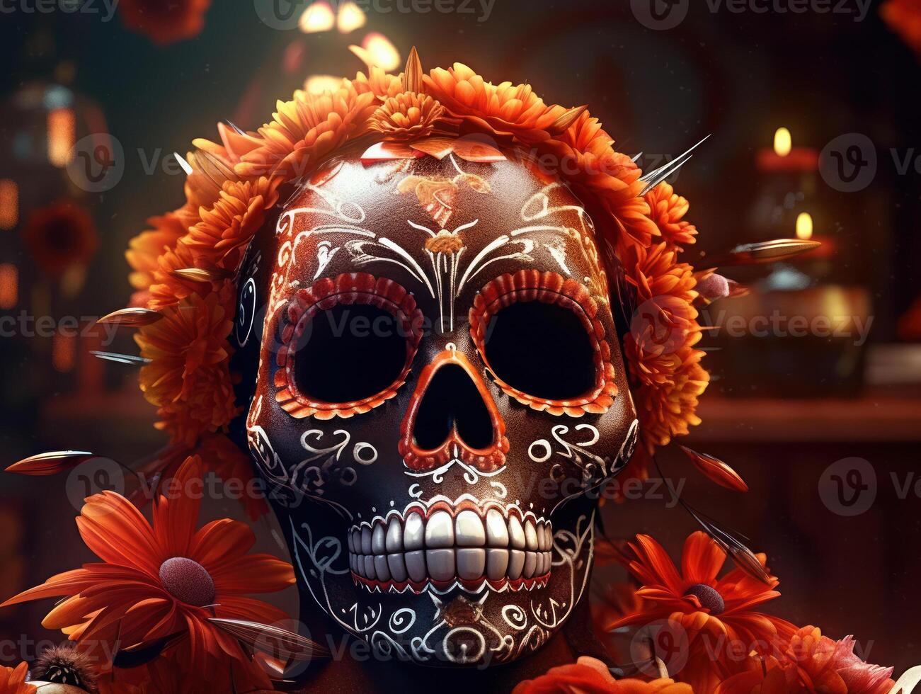 día de el muerto azúcar cráneo maquillaje con flores y velas en oscuro antecedentes creado con generativo ai tecnología foto