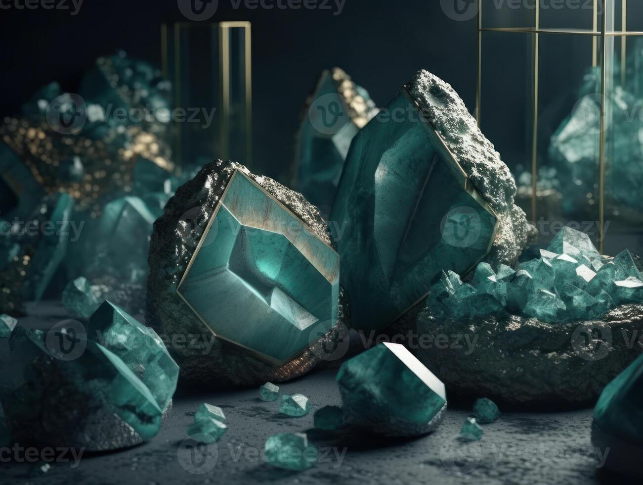 Dark green and gold, crystal and marble, geometrical primitives pattern, abstract background created with technology. photo