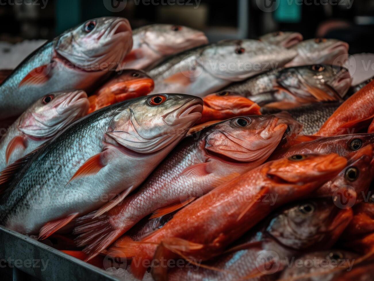 Fresh ocean fish and seafood at the fish market Close up Top