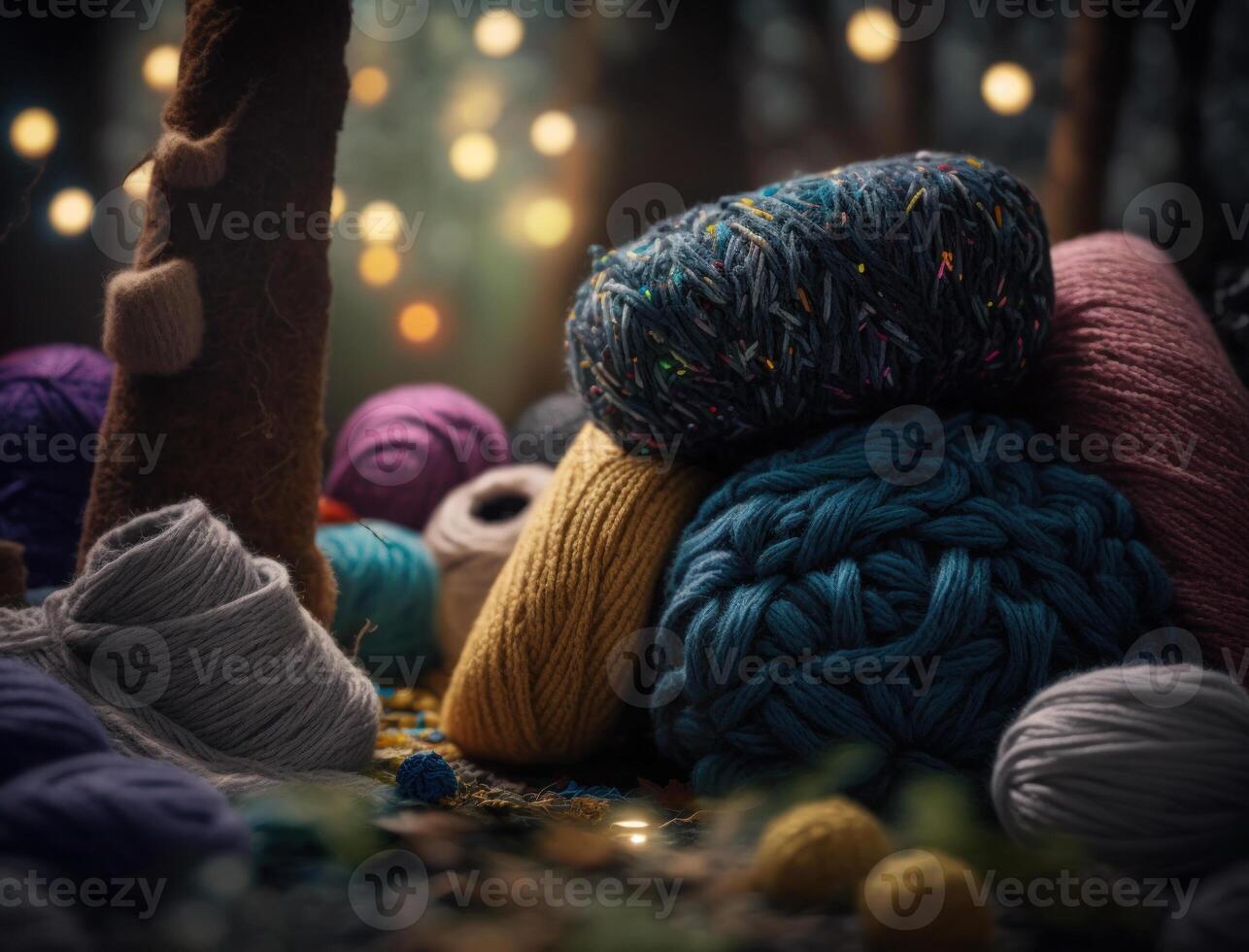 Multicolored forest made by wool yarn fabrics Created with technology photo