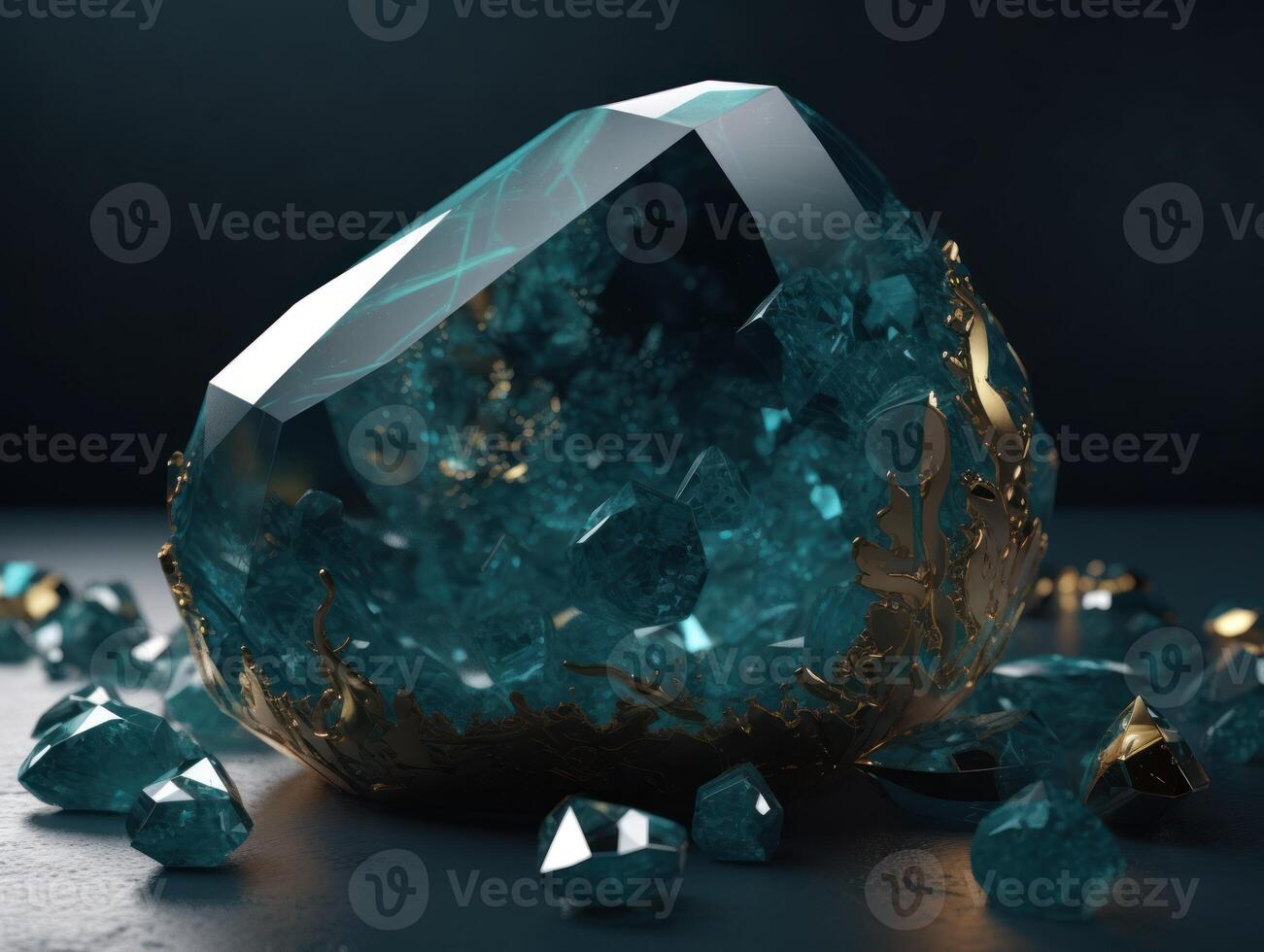 Dark cyan and gold, crystal and marble, geometrical primitives pattern, abstract background created with technology. photo