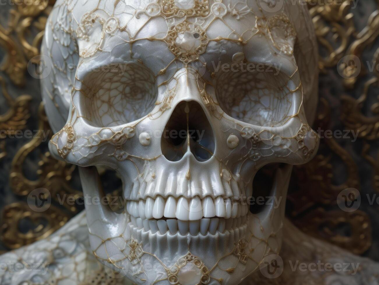 blanco mármol tallado fresco de cráneo frontal cara con oro ornamento en negro antecedentes creado con generativo ai tecnología foto