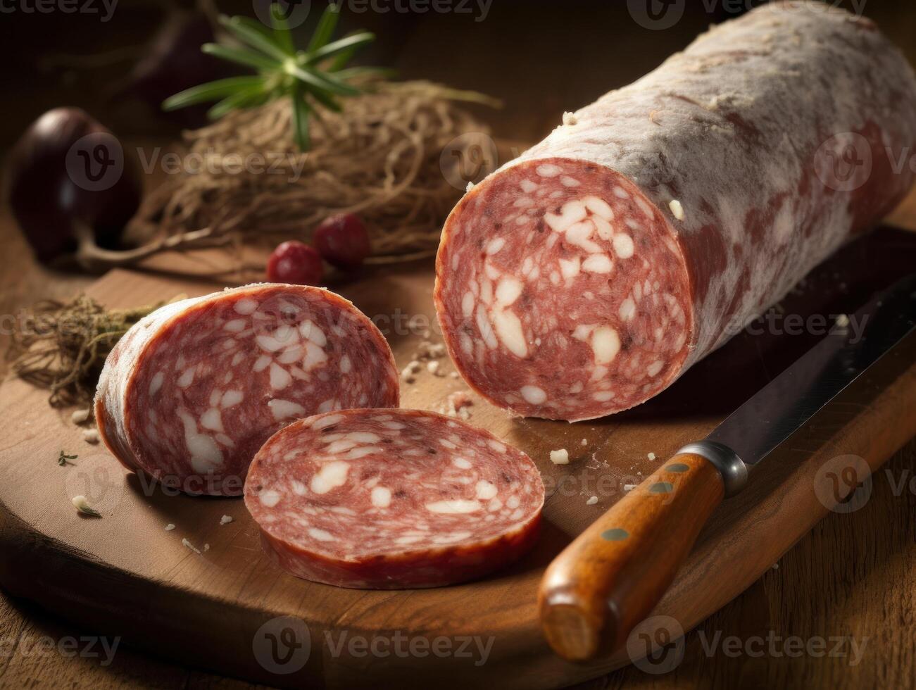 Tiendas Delicatessen salami salchicha con blanco molde foué creado con generativo ai tecnología foto