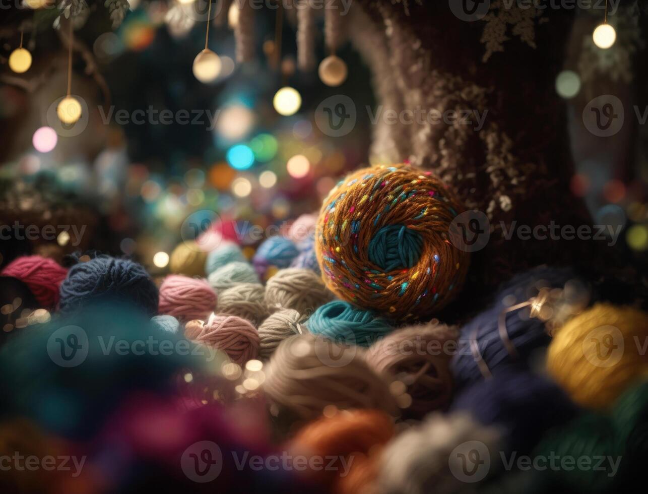 Multicolored forest made by wool yarn fabrics Created with technology photo