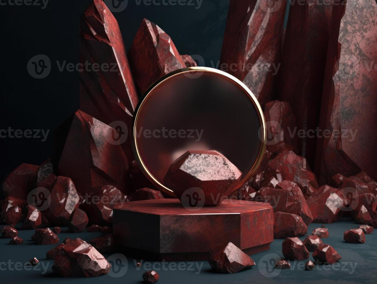 Dark red and gold, crystal and marble, geometrical primitives pattern, abstract background created with technology. photo