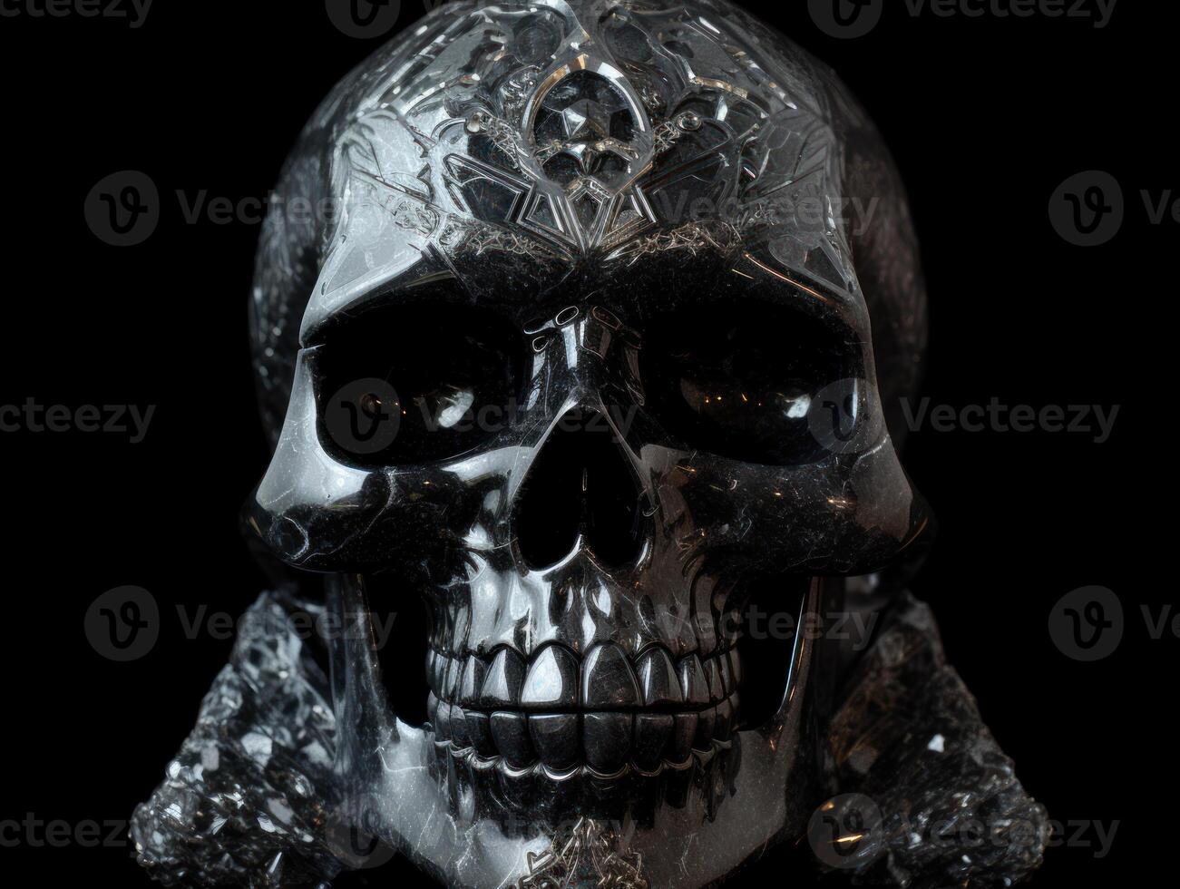 Black marble carved fresco of skull frontal face with gold ornament on black background Created with technology photo