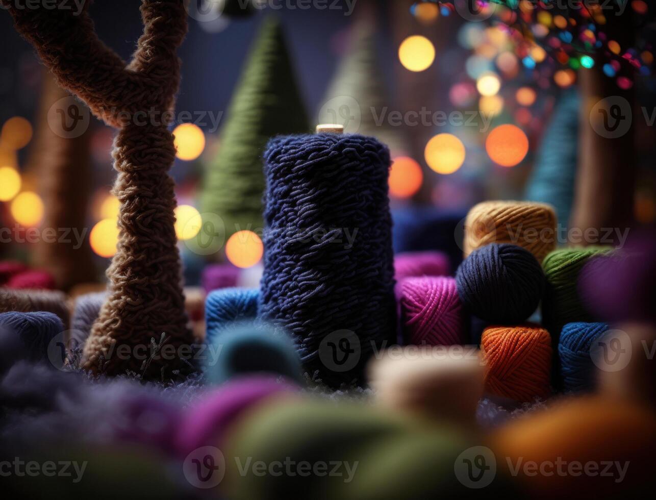 Multicolored forest made by wool yarn fabrics Created with technology photo