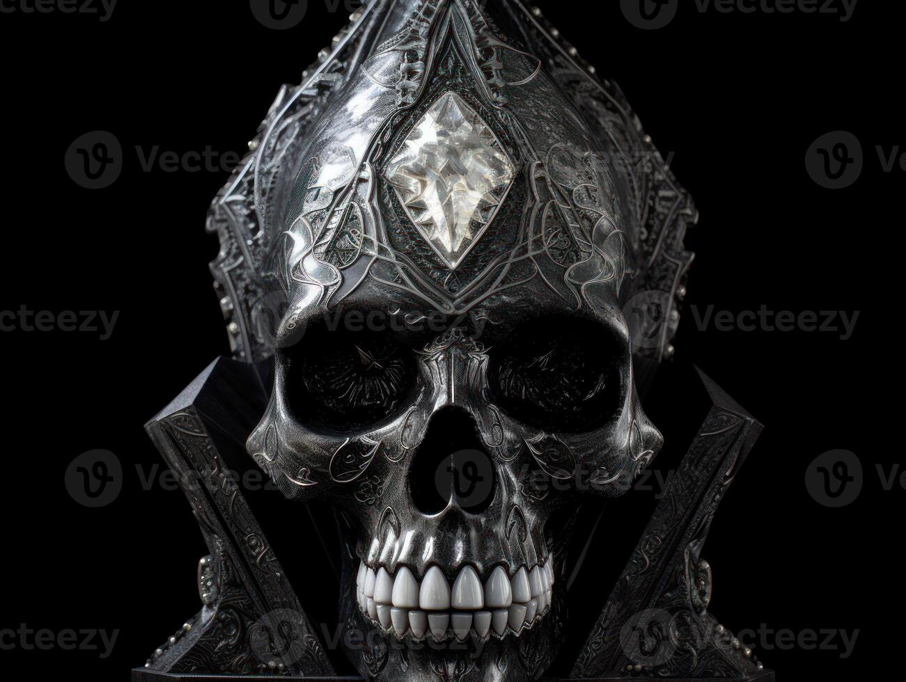 Black marble carved fresco of skull frontal face with gold ornament on black background Created with technology photo