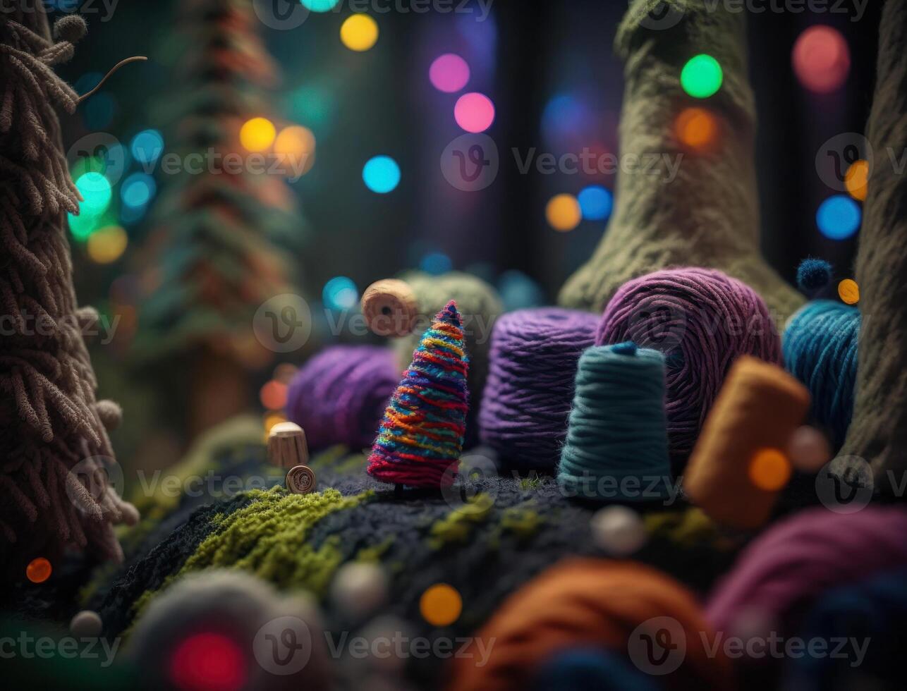 Multicolored forest made by wool yarn fabrics Created with technology photo