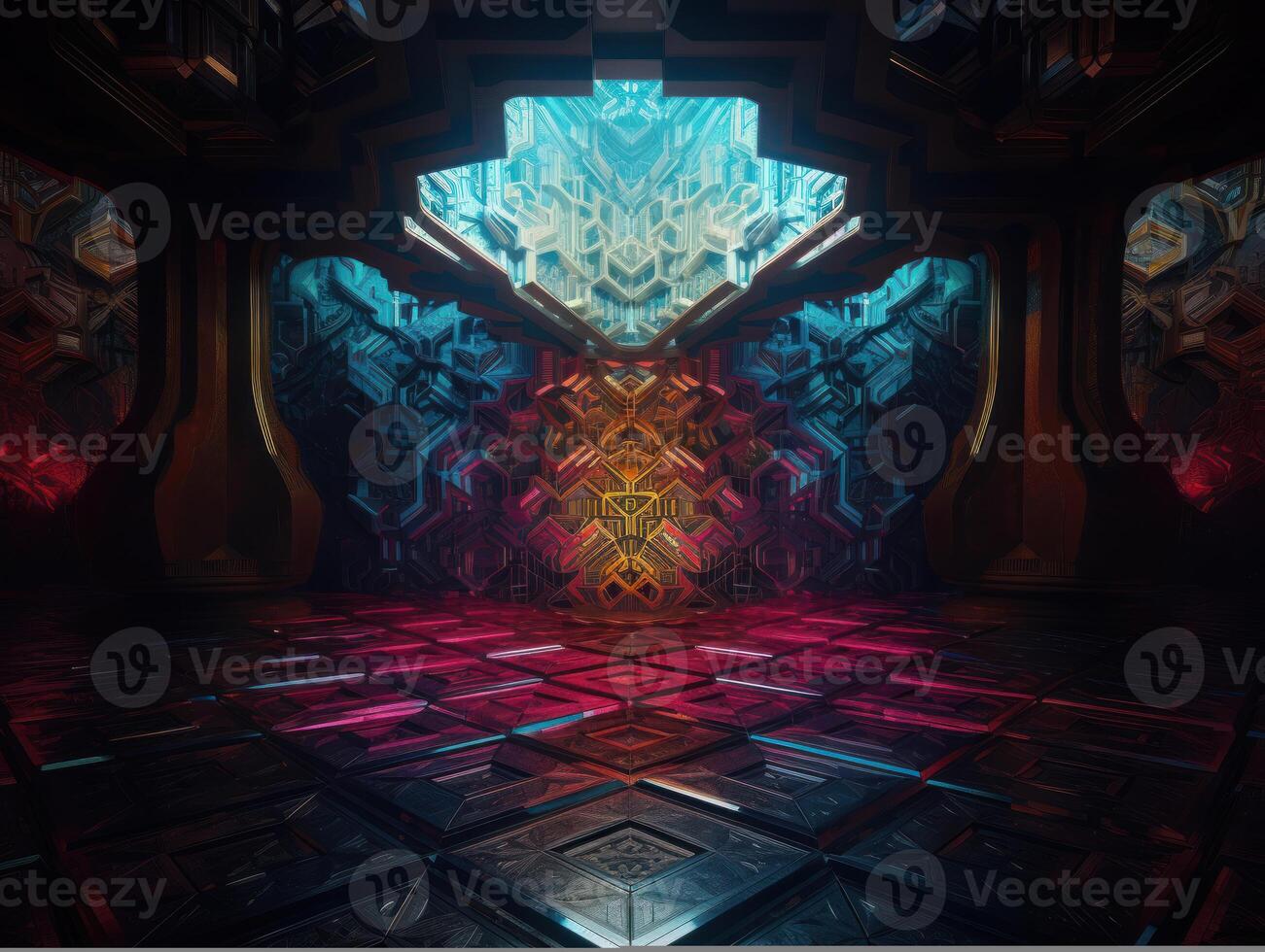 Abstract Futuristic scene with glowing neon lights and chaotic geometric shapes Created with technology. photo