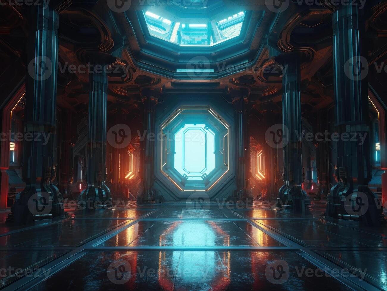 Abstract Futuristic scene with glowing neon lights and chaotic geometric shapes Created with technology. photo