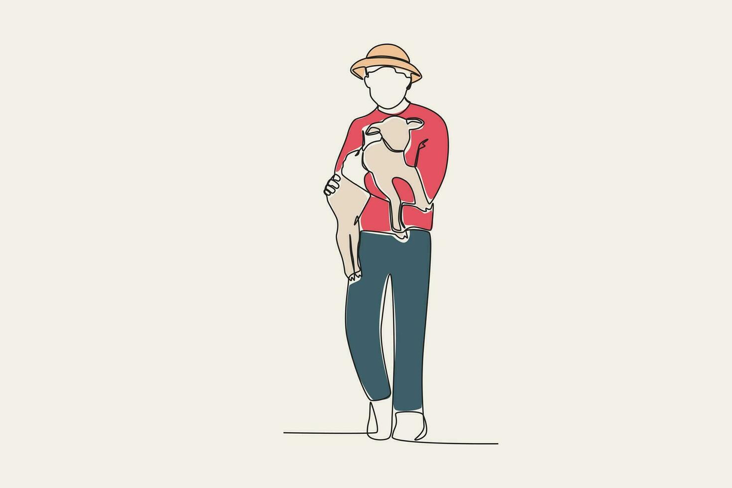 Color illustration of a farmer holding a goat cub vector