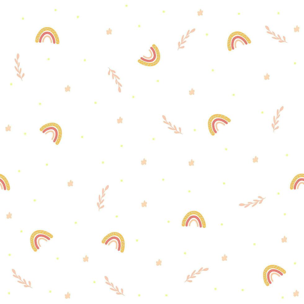 seamless pattern with abstract flowers,rainbows and botanical elements,childish print for wallpaper,kids fabric,nursery interior,pastel baby shower illustration in boho style,white background vector