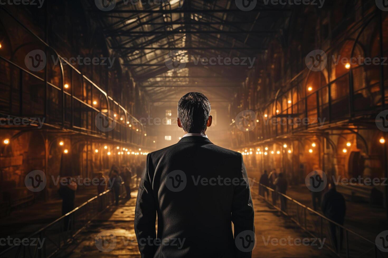 The businessman got out of prison with his things and is thinking about what to do next. A man stands near the exit from the prison. photo