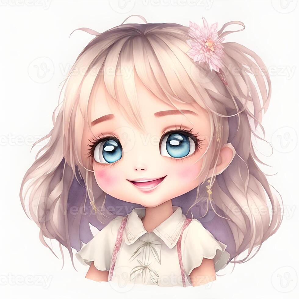 Face of Kawaii girl, smiling, Watercolor Clipart . photo