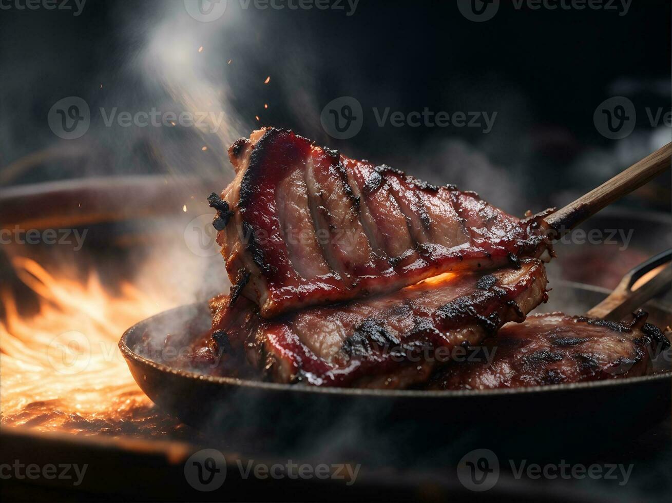 Juicy grilled pork ribs on fire. AI Generated photo