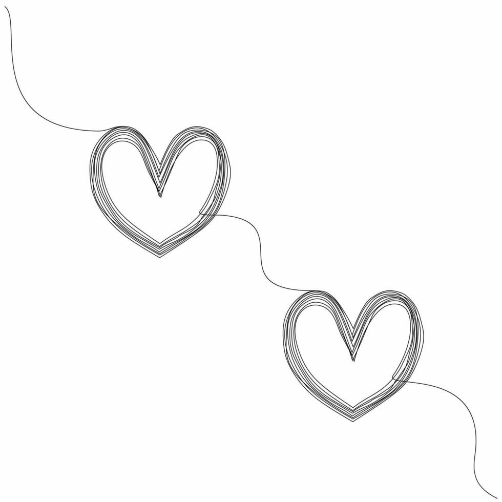 Two linked hanging heart, continuous one line drawing of heart. Black single line art isolated on white background. vector