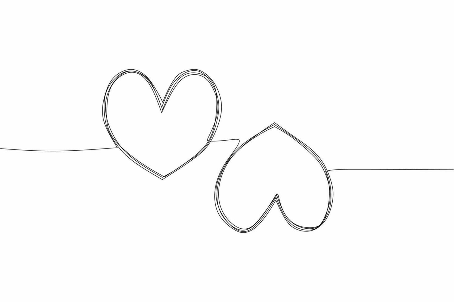 Two linked heart, continuous one line drawing. Double heart hand drawn, upside and downside, black and white vector minimalist illustration of love concept made of one line.