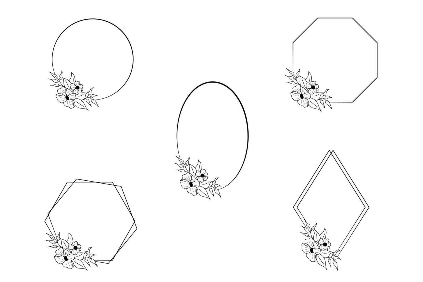 flower round frame, oval frame, rhombus frame, hexagonal frame, octagonal frame. Hand-painted frames with flowers and leaves. For wedding decor, invitations and cards, logo designs and poster vector