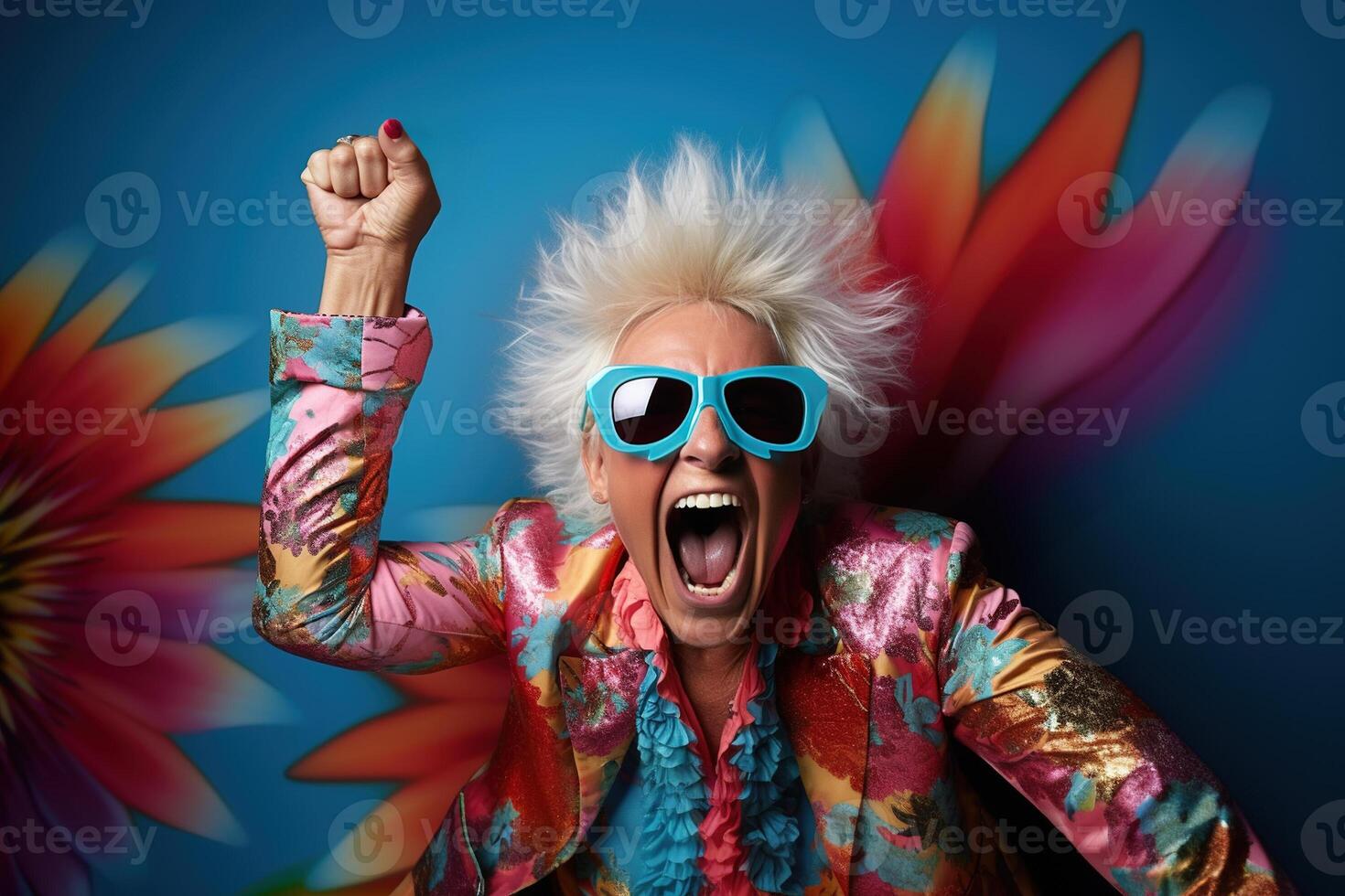 Senior woman looking happy and joyful full of energy. Doing gangster poses in front of a seamless background photo
