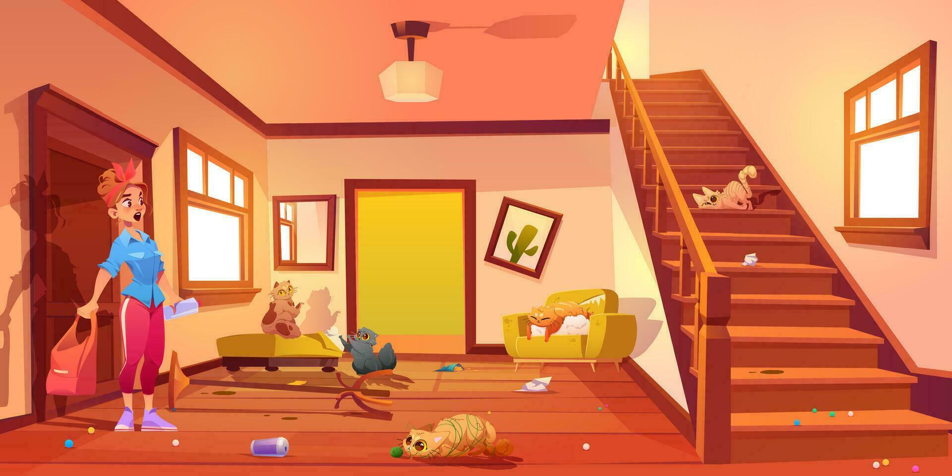 Woman cat owner shocked in messy hall interior vector