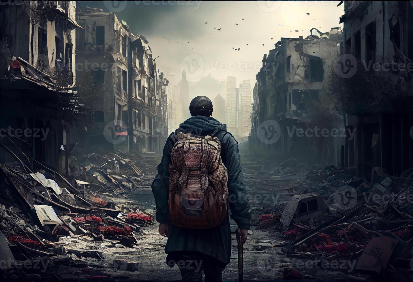 A refugee and displaced by war or a natural disaster walking through the streets of a destroyed city. . photo