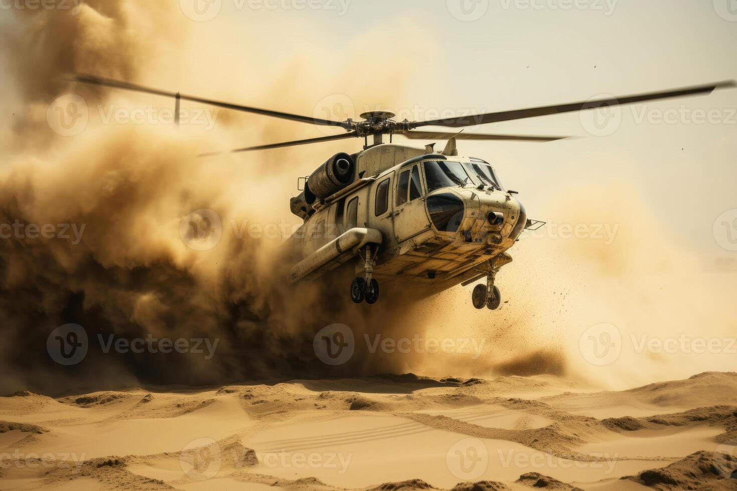 the helicopter flying in the air is covered in sand. photo