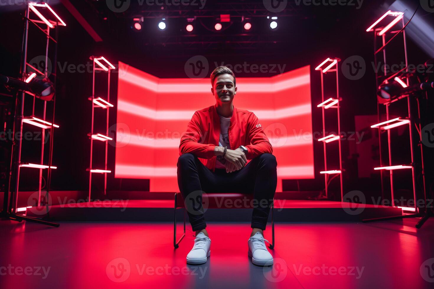 influencer at youtube live, crypto concept, light, minimalistic. photo