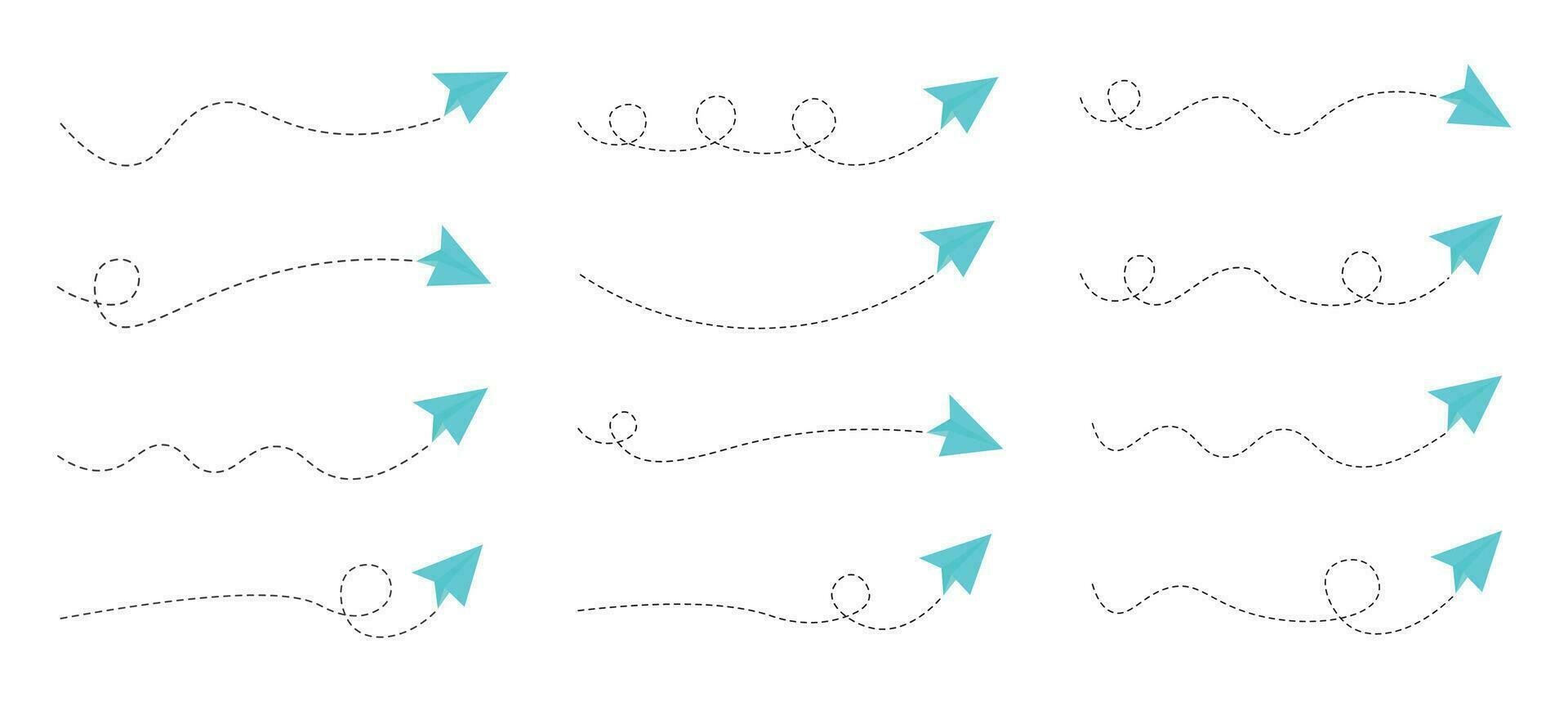 Set of dashed line paper airplane route vector