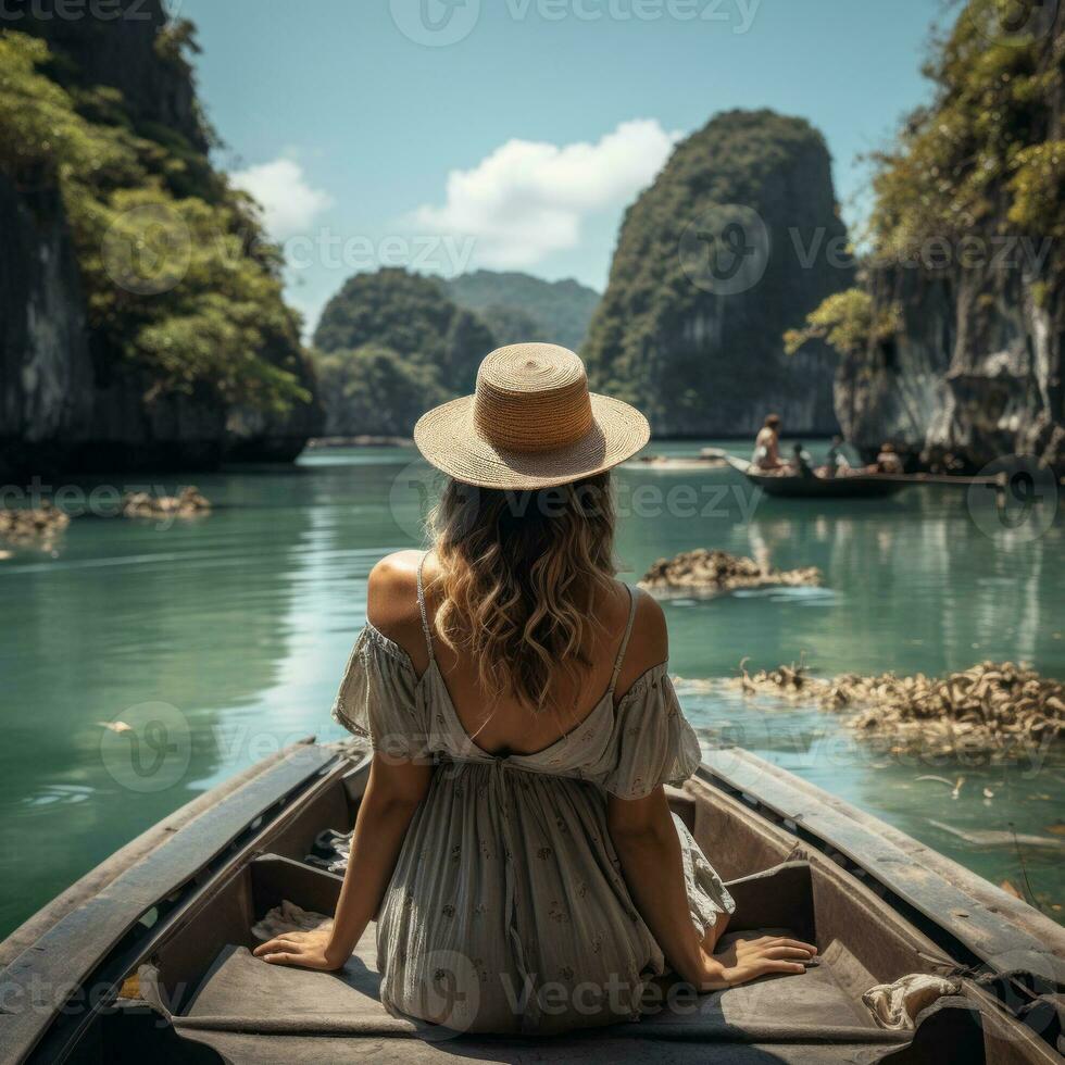 Traveler woman in summer dress relaxing on wooden boat. AI Generated photo