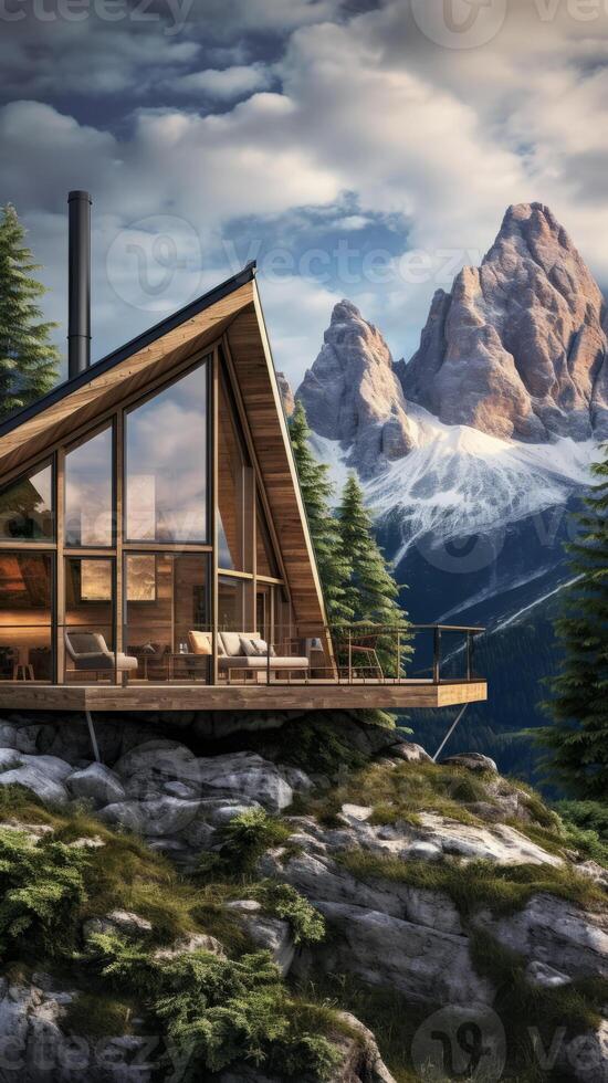 modern style architecture of chic minimalist tiny wooden house at Italian Alps. photo