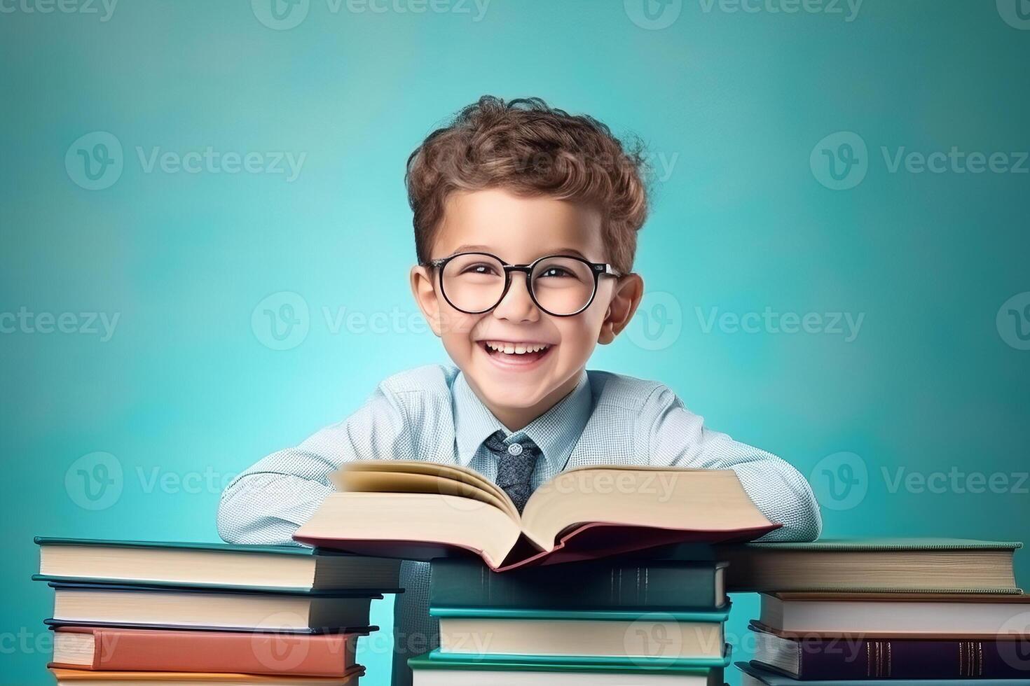 portrait of a happy child little boy with glasses sitting on a stack of books and reading a books, light blue background. photo