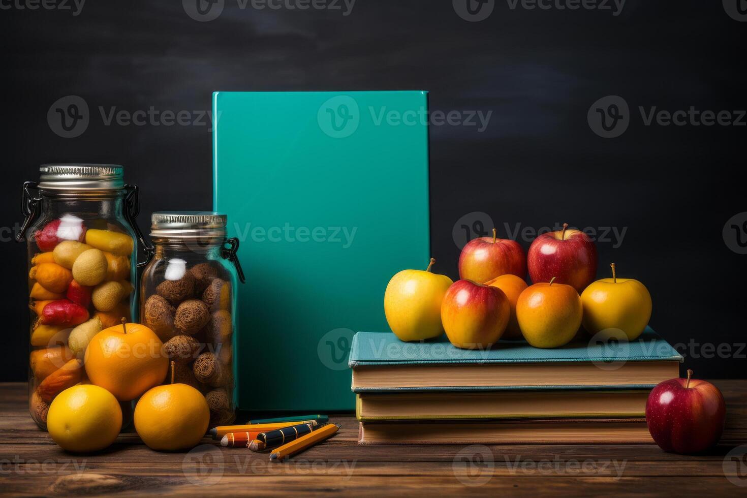 Back to school concept with erased chalkboard and basic supplies. AI Generated photo