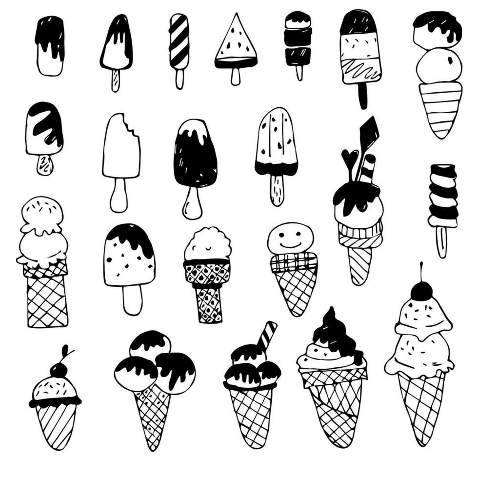 Vector set of doodle ice cream illustrations. Sweets and goodies. Coolness on hot day. Delicious food and treats.