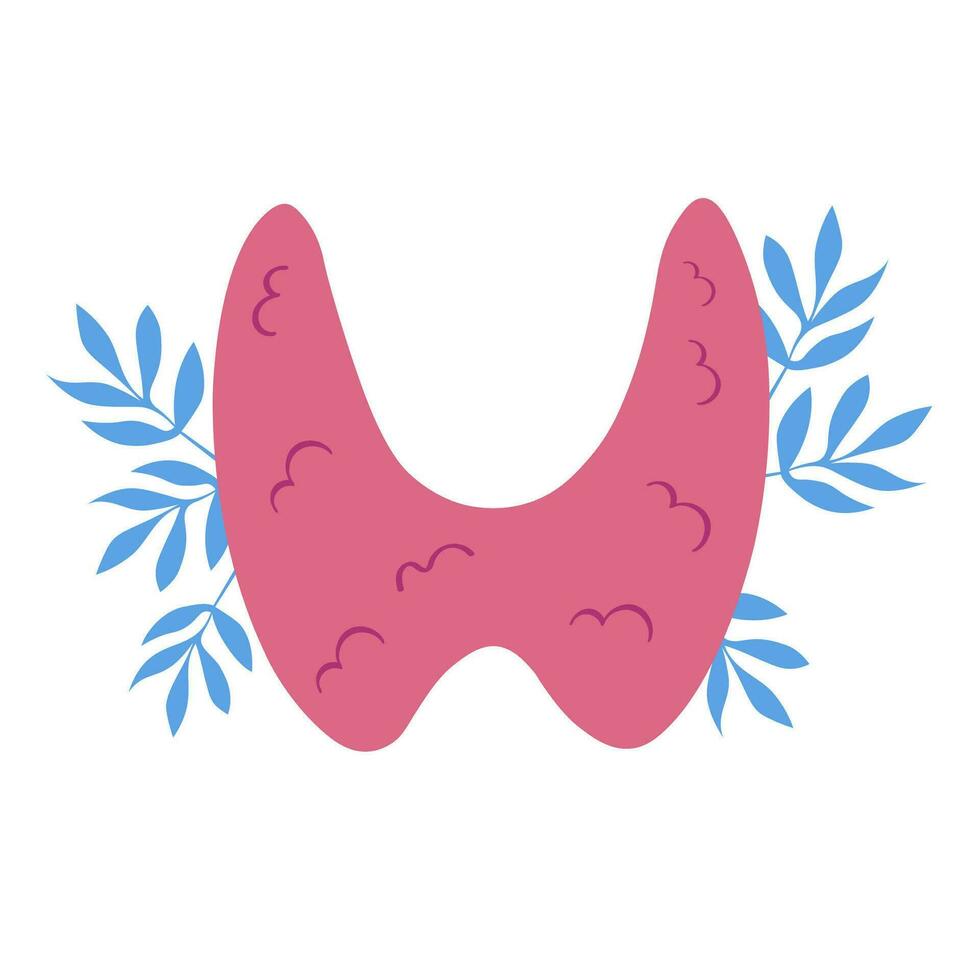 Thyroid gland vector illustration, endocrinology. Human body organs anatomy icon with flowers. Thyroid day. Medical concept. Flat style cartoon. Isolated white background