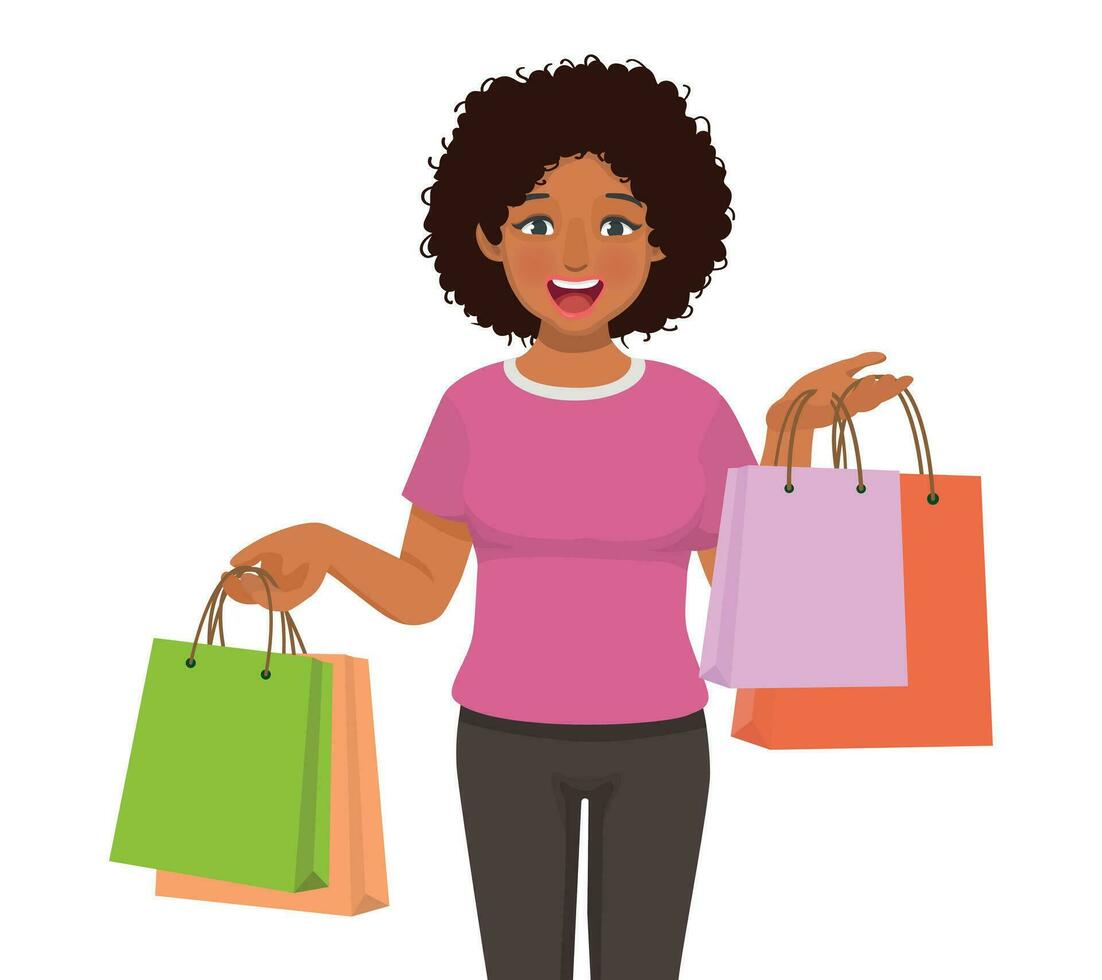 Young African woman holding colorful shopping bags paper vector