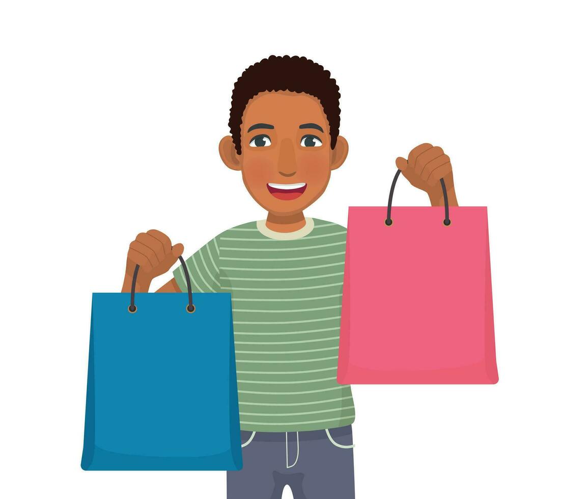 Young African man holding colorful shopping bags paper vector