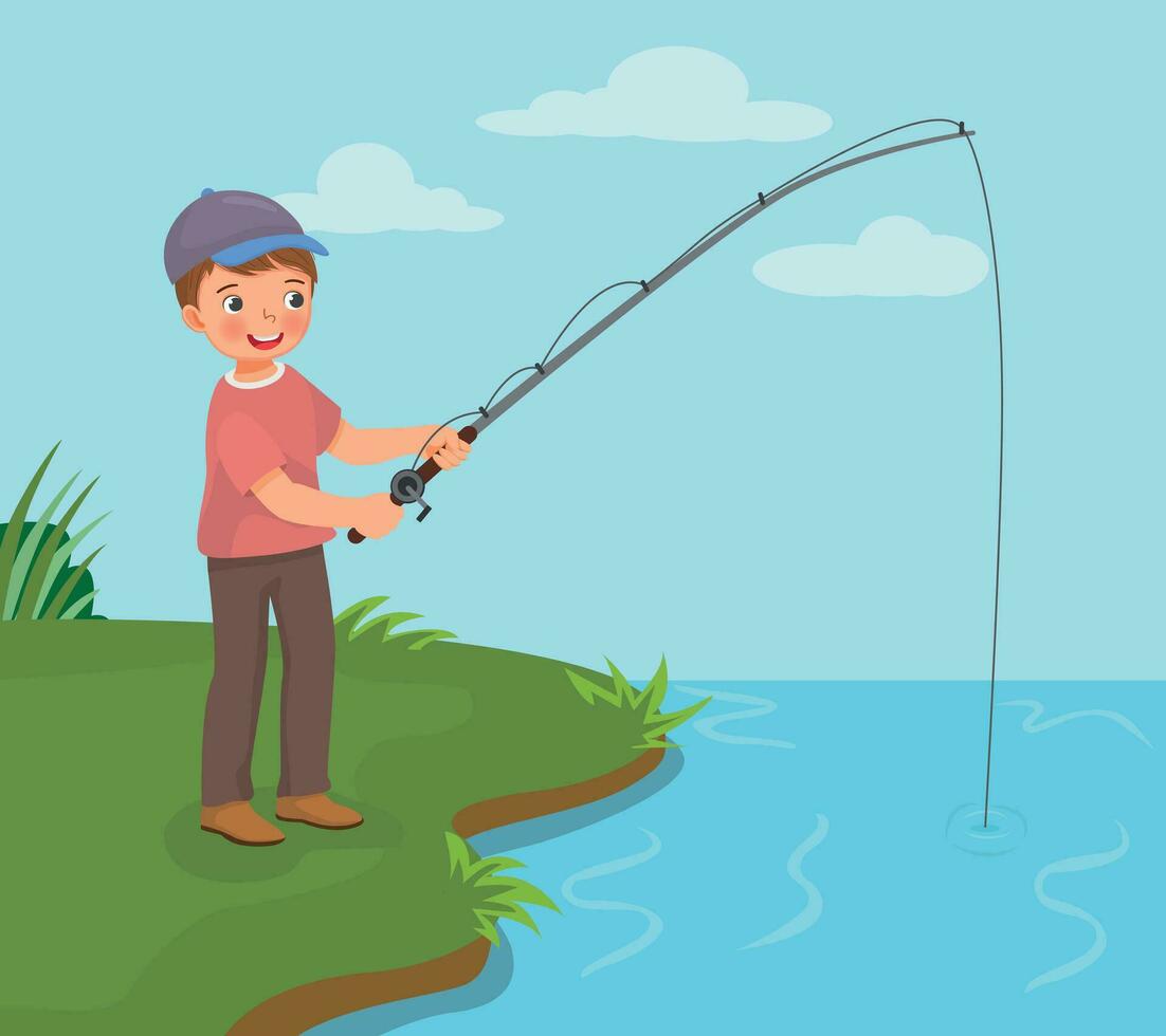 Cute little boy fishing at the river holding a fishing rod vector