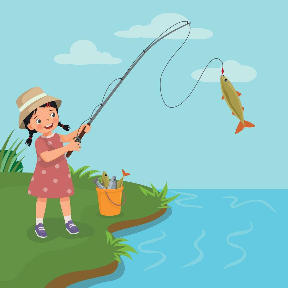 linda pequeño niña pescar a el río atrapando grande peces vector