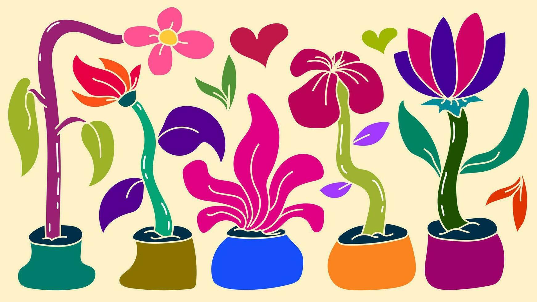 set of hand drawn beautiful colorful flowers in pot  vector illustration design
