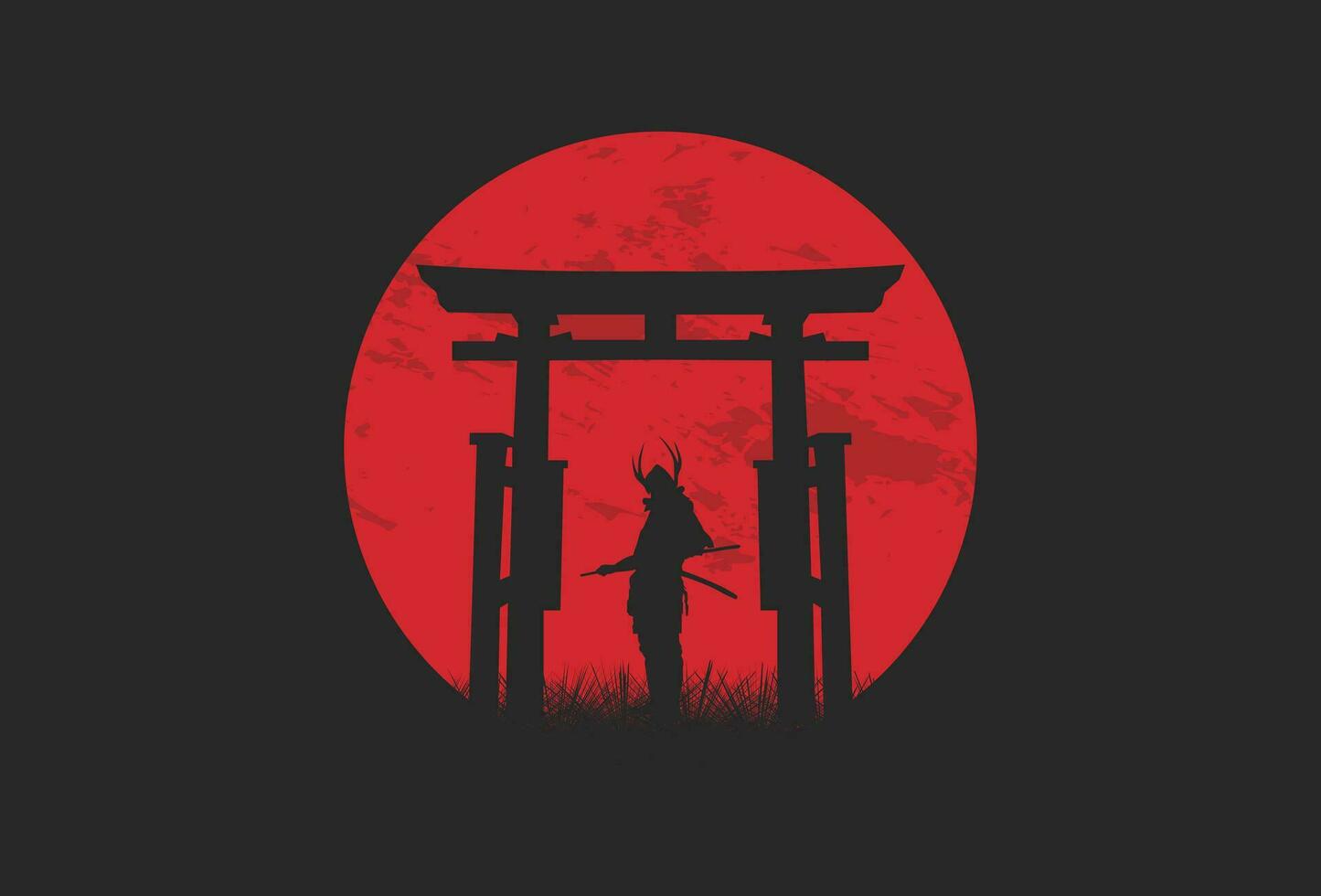 japonés samurai silueta en japonés portón ilustración vector