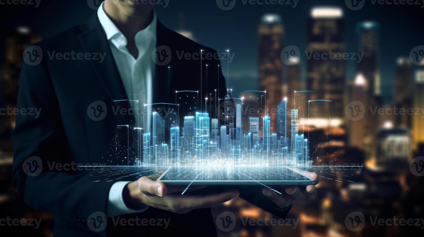 Businessperson holding tablet with city icons on it, in the style of planar art, nightscapes, night photography. photo
