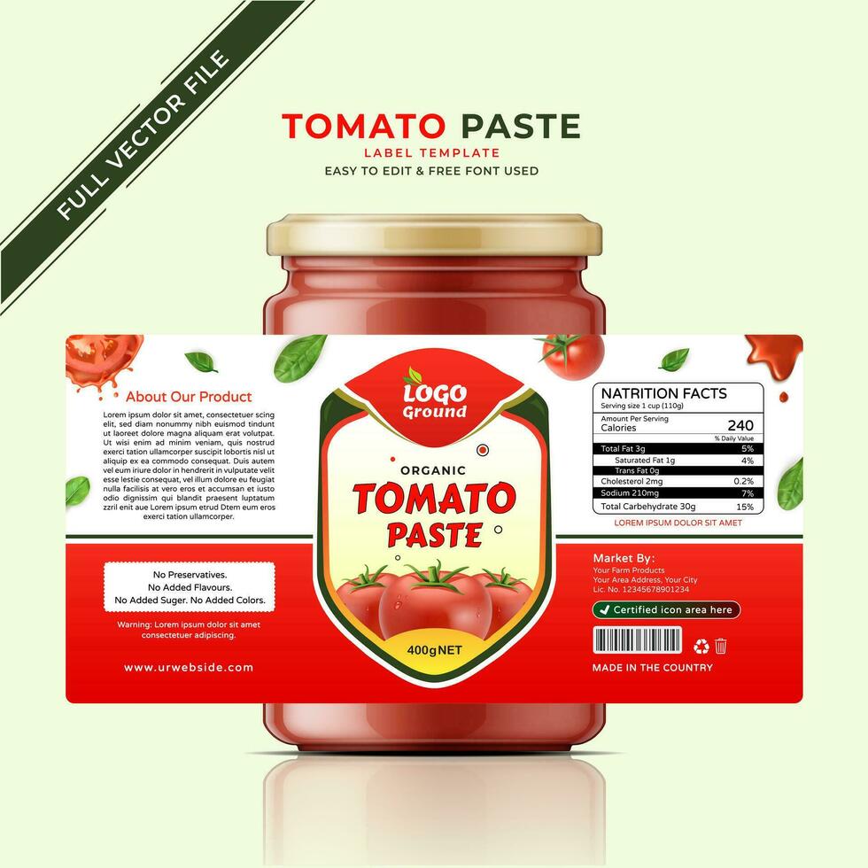 Tomato sauce label chili pepper, tomato label sticker, organic tomato paste and ketchup jar Label design template, juicy tomatoes background fresh green natural taste and red hot tomato sauce. vector