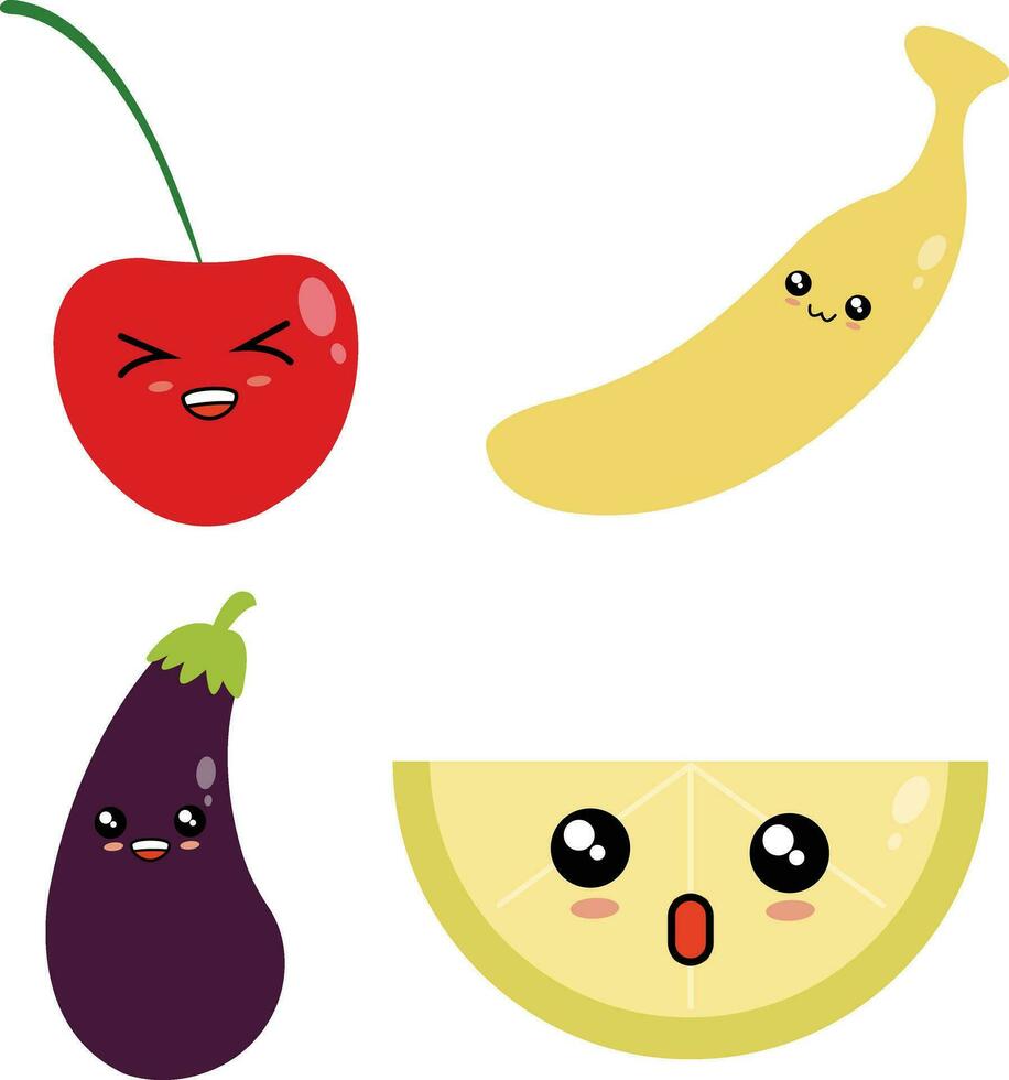 Cute Fruit, Happy cute set of smiling fruit faces. Vector set of flat cartoon illustration icons.For design decoration illustration