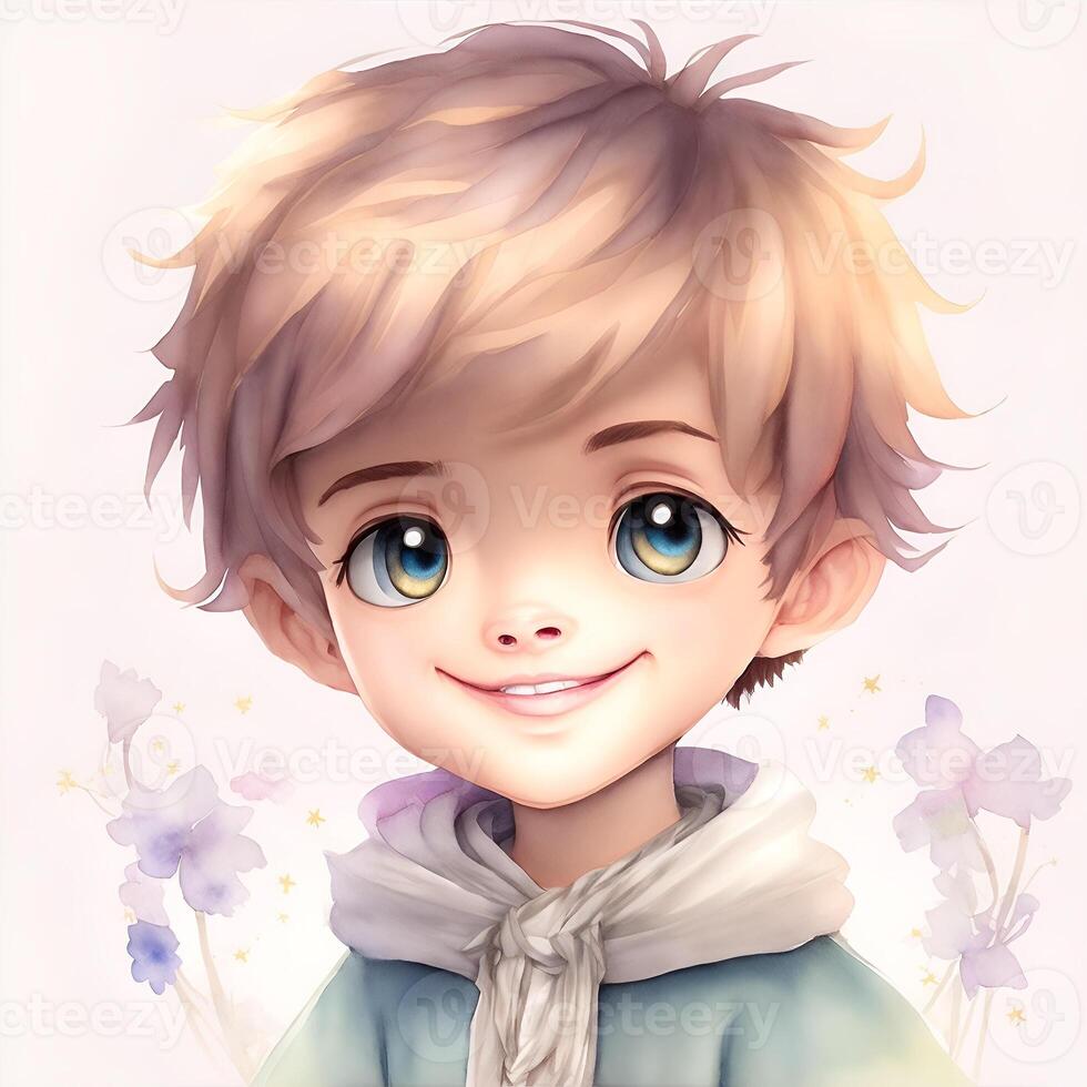 Face of Kawaii boy smiling Watercolor Clipart HAPPY. AI Generated photo